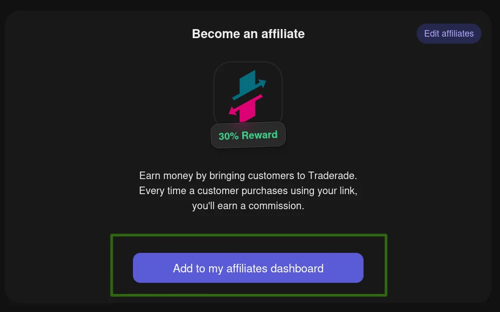 The Whop “Become an affiliate” panel, with the “Add to my affiliates dashboard” button highlighted