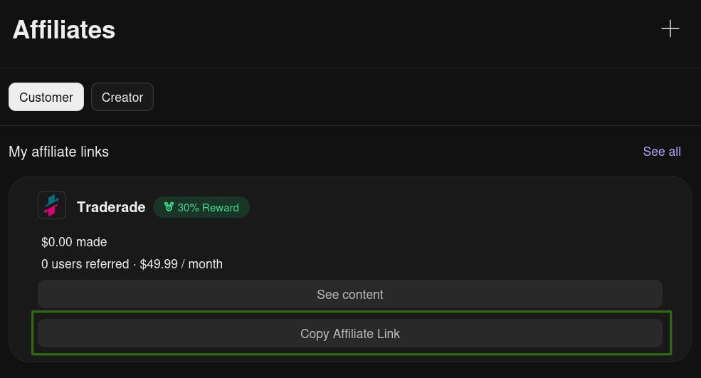 The Whop affiliates dashboard, with the “Copy Affiliate Link” button highlighted