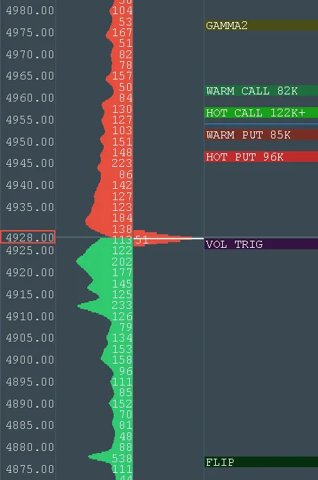 The level ladder in Bookmap: hot and warm calls, hot and warm puts, the volatility trigger and the gamma flip